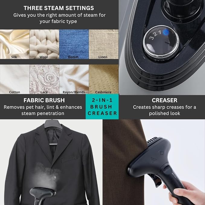 True & Tidy Heavy Duty Commercial Full Size Standing Garment Steamer for Clothes with Extra Large 3L (101 oz) Water Tank for 90+ mins of Steam Time, 1800 watts of Powerful Steam, 3 Settings, Gray