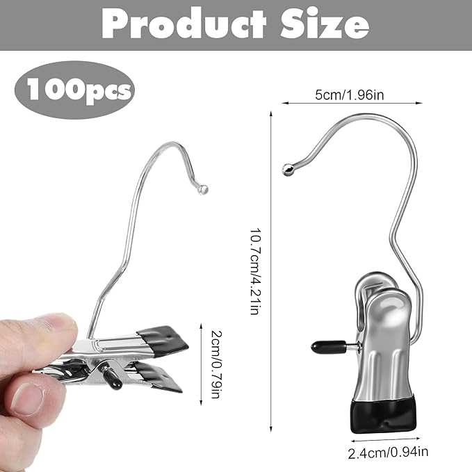 100 Pcs Boot Hangers Clips, Laundry Hook Hanging Portable Socks Towels Clothes Travel Drying Clothes Pins for Travel (Black + White + Pink + Blue + Dark Green)