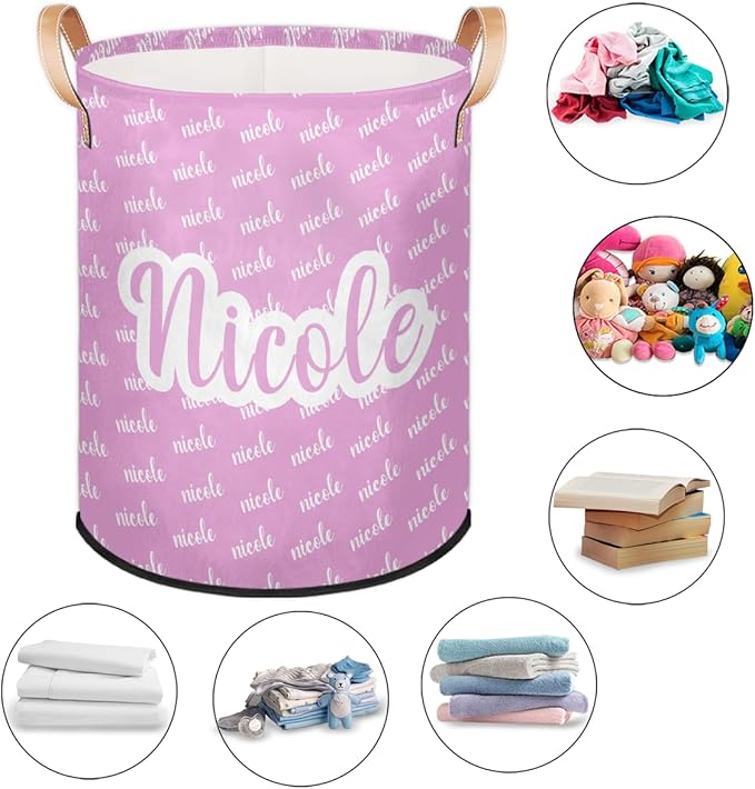 Custom Name Laundry-Hamper, Personalized Pink Kids-Clothes-Hamper Foldable with Name, Customized Storage Basket with Handles Waterproof Gift for Boys Girls Baby Women