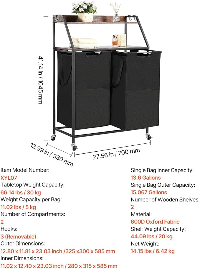 VEVOR 2 Tiers Laundry Sorter, Tall Laundry Hamper with Metal Frame and Wooden Tabletop, 2 Section Rolling Basket Organizer Storage with Ladder Shelves and 600D Oxford Cloth Bags for Dirty Clothes