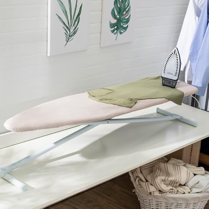 Full Size Ironing Board with Cover & Pad – Made in USA by Seymour Home Products Adjustable Steel T-Legs, 35" High Perforated Top for Steam Durable Iron Board for Home, Laundry Room (Beige)