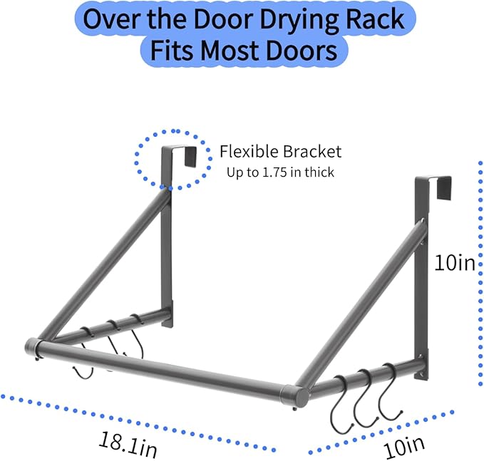 Over The Door Clothes Hanger,Metal Over Door Clothes Drying Rack with 6 Hooks,Laundry Drying Rack Rod for Laundry, Bedroom, Washroom, Closet,Fits Door Up to 1.97", (Dark Gray)