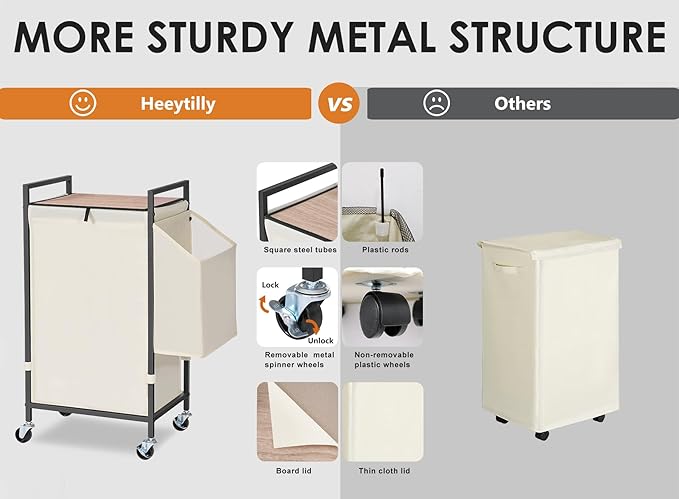 Laundry Hamper with Rustic Brown Lid & Wheels; 96L Large Rolling Laundry Basket with Removable Oxford Liner Bag; Tall Freestanding Dirty Clothes Hamper with Side Pocket; Metal Frame Laundry Cart