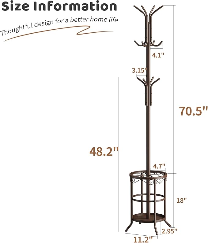 FILWH Coat Rack Freestanding with Umbrella Stand Coat Rack Stand with 12 Hooks Metal Coat Tree Coat and Hat Hanger Jacket Entryway(Brown)