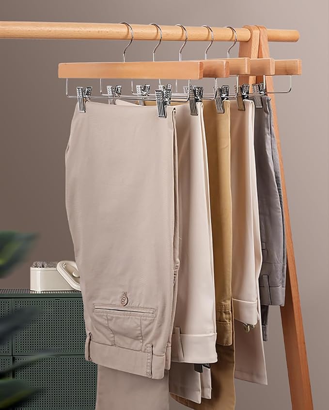 24 Pack Wooden Pants Hangers, Wood Skirt Trouser Hanger for Jeans, Slacks, Shorts with 2-Adjustable Clips Anti Rust Hook (Natural)-HL01NP24