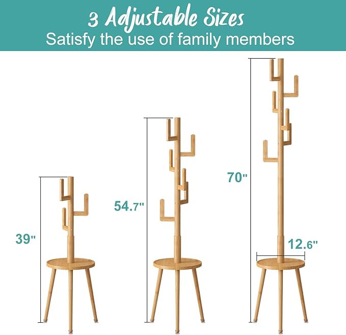 Coat Rack, Wooden Coat Rack Freestanding with Shelf, Bamboo Cactus Coat Tree, Coat Tree for Clothes/Bag/Hats, Hanger Stand for Entryway (Natural)