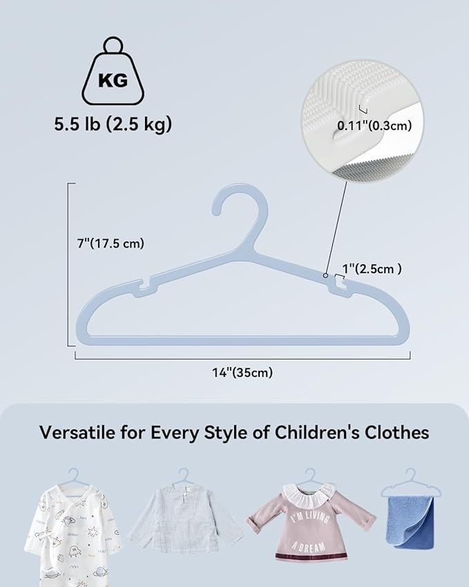 Plastic Kids Hangers, Pack of 100, Ultra Slim Closet Hangers, Non-Slip, Space-Saving, Sturdy, 14" W x 7" H (for Children Aged 7-12 Years), Light Blue, UAPY07100L