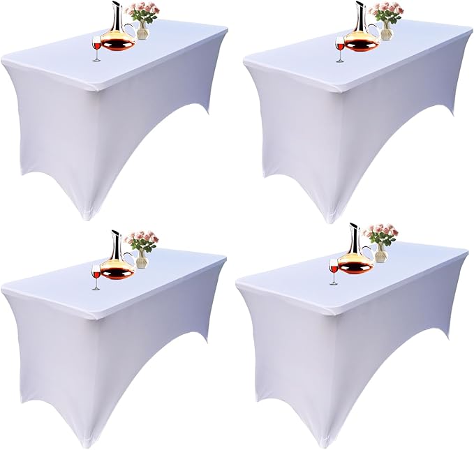 4 Pack - Elegant White Stretch Spandex Table Cover (60Lx28Wx30H Inches), Non-Iron Fitted Tablecloth for 5-Foot Rectangular Folding Tables -Ideal for Banquets, Weddings & Festivals