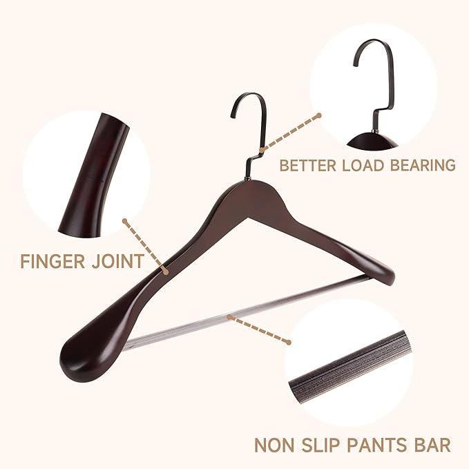 12-Pack Premium Wide Shoulder Wooden Suit Hangers, 16" Heavy-Duty Solid Wood Coat Hangers with Pant Bar for Women's Heavy Garments, Blazers, Jackets (Dark Cherry)