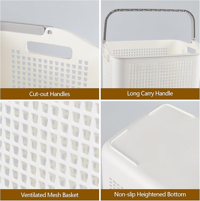 4 Packs 42 L Plastic Laundry Hampers with Handles, Plastic Storage Baskets, White