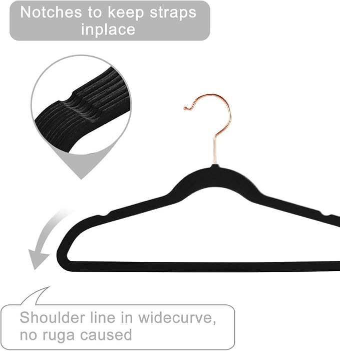MIZGI Kids Velvet Hangers,Non-Slip Big Kids Hangers,14 Inch Hangers for Youth,Teen Clothes,Pack of 50（Black/Rosegold）