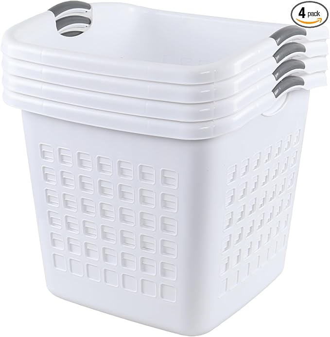 65 Liters Plastic Clothes Basket with Handles, 4 Pack Laundry Baskets for Storage, White