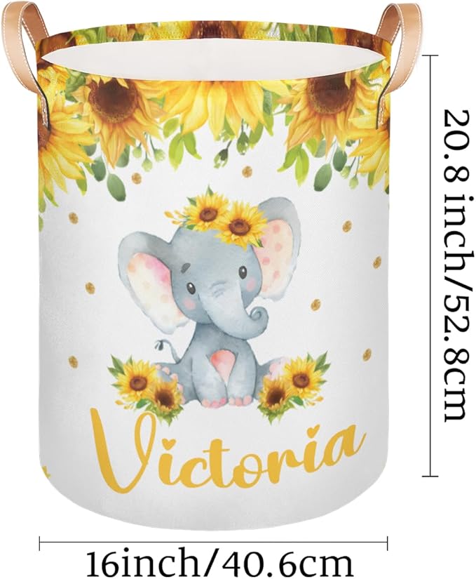 Personalized Laundry Basket, Custom Gift Laundry Hamper, Collapsible Nursery Waterproof Laundry Baskets, Dirty Clothes Toy Hamper with Handles Elephant Sunflower Floral