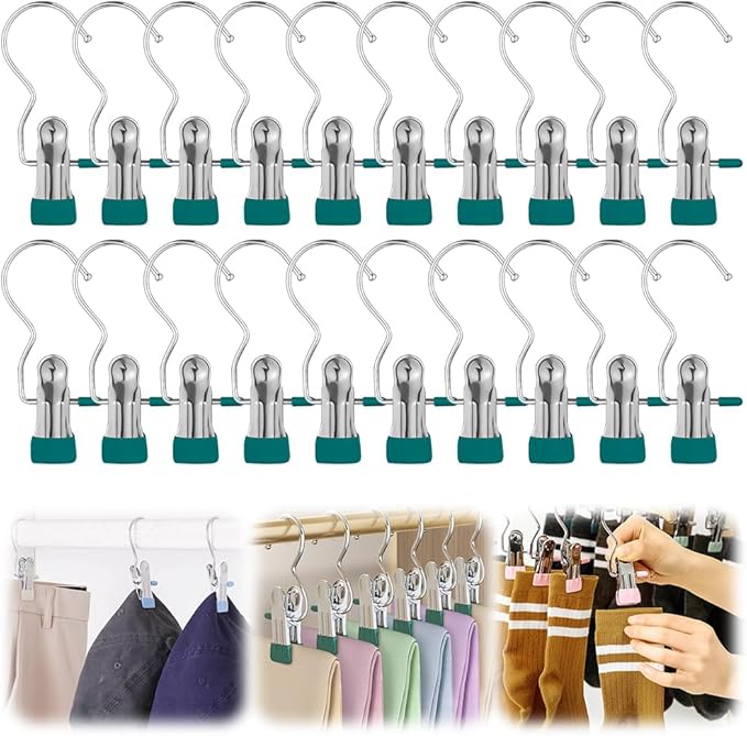 Clothes Pins Hanging Clips, 2025 Upgrade Space-Saving Clothespin Hat Pants Storage Hanging Travel Hook, Multifunctional Hanger Hooks Anti Rust Clips for Clothes (20, DGreen)