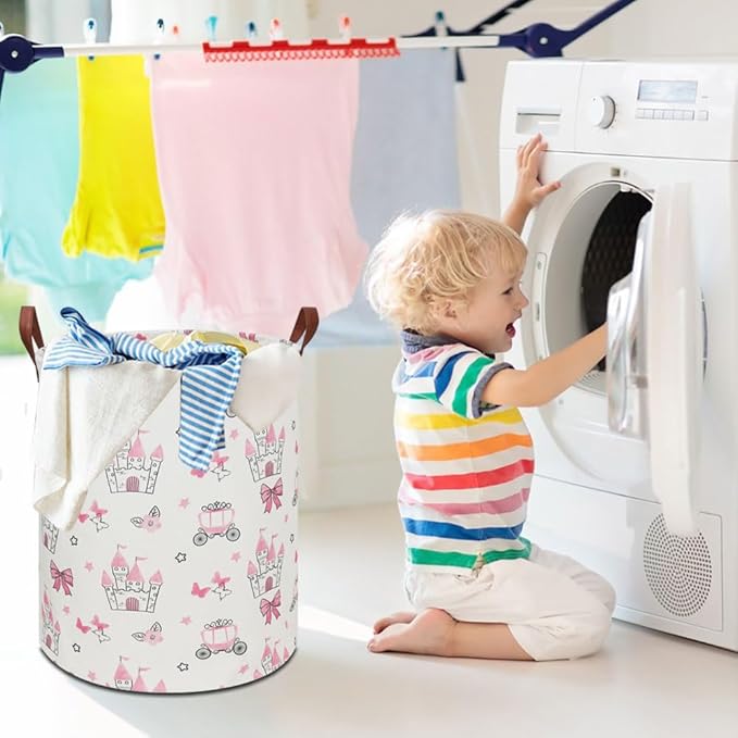 19.7" Laundry Basket,Kids Dirty Clothes Hamper,Waterproof Toys Storage Bin,Room Decor,Gift Baskets,Nursery Hamper(Pink Princess)