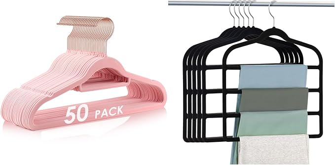 50pcs Pink Velvet Hangers + 6pcs Black Pants Clothes Hangers