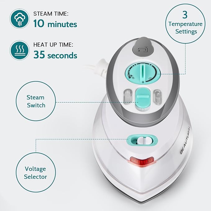 BEAUTURAL Mini Travel Steam Iron for Clothes with Dual Voltage, Non-Stick Soleplate, Anti-Slip Handle, Ideal for Sewing, Quilting and Handcraft