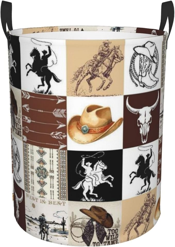 Laundry Basket Room Decor,Round Laundry Hamper Waterproof Dirty Clothes Hamper Collapsible Laundry Baskets With Handles,Toy/Clothes Storage Basket For Home Dorm Bathroom Decor (Western)