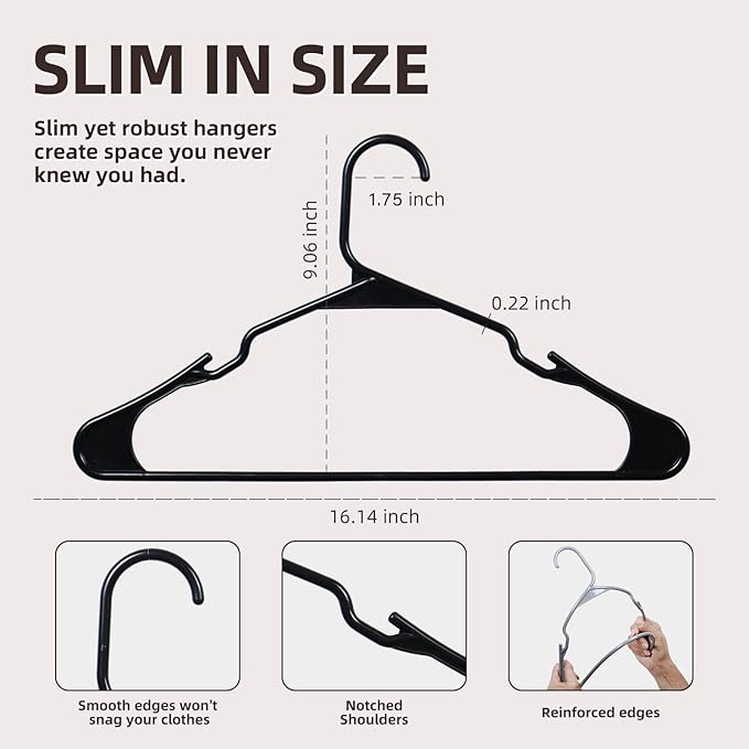 20 Pack Plastic Clothes Hangers Without Notches,Clothes Hanger Space Saving,Replete 2 Hooks Inside,Sturdy Design for All Garments (20, Black B)