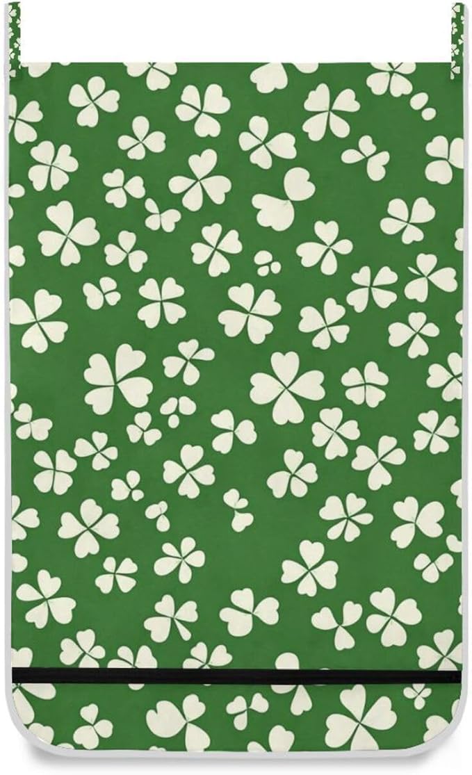 St. Patrick's Day Clovers Green Door Hanging Laundry Hamper Bag with Free Adjustable Stainless Steel Hooks Dirty Clothes Hamper Extra Large Over the Door Laundry Hamper 29.5X20inch 1 PCS