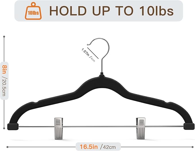 Flottian 36 Pack Black Velvet Pants Hanger,Velvet Hangers with Clips Adjustable,Space-Saving Slim Flocked Hanger,Heavy Duty Non Slip Hangers for Skirts,Coats,Pants,Dress