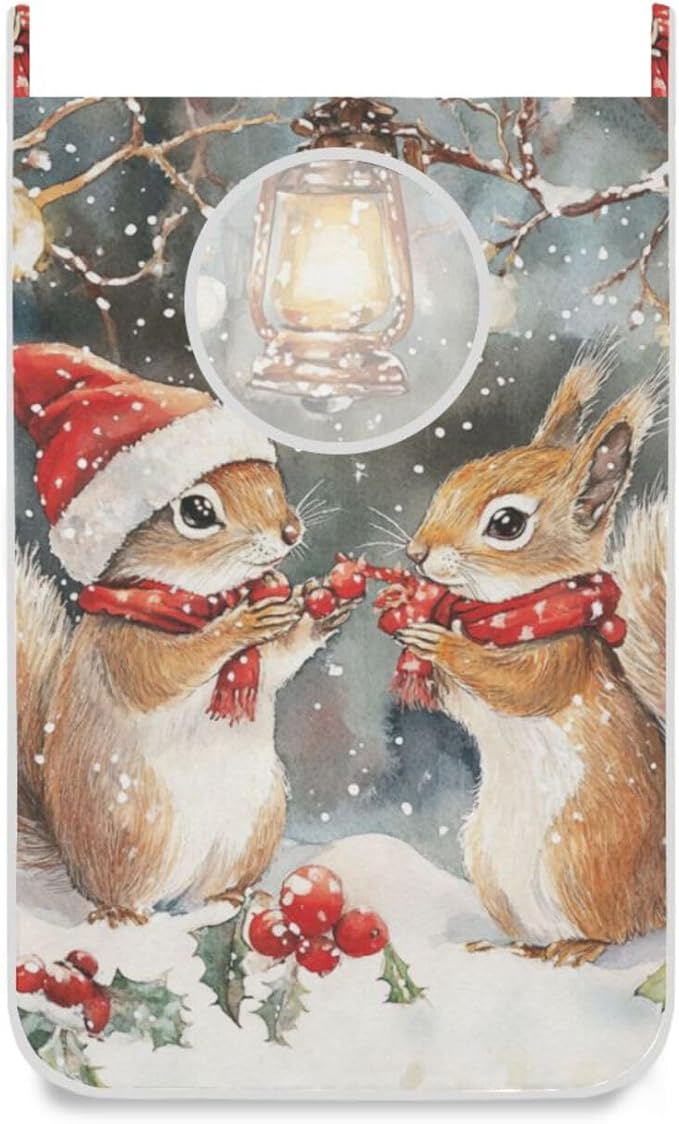 Christmas Squirrels Watercolor White Door Hanging Laundry Hamper Bag with Free Adjustable Stainless Steel Hooks Dirty Clothes Hamper Extra Large Over the Door Laundry Hamper 29.5X20inch 1 PCS