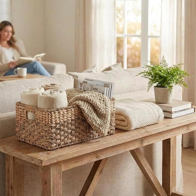 Medium Wicker Basket for Storage, Natural, Seagrass and Hyacinth Woven Baskets for Décor with Built-In Handles, Rectangular, Shelf Organizing for Bedroom, Pantry - Medium Size - 15.5x9.5x6.5 in