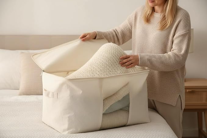 Soft Canvas Clothes Storage Bags with Four Carrying Handles and Clear Window, Closet Organizer for Clothing, Blankets Sheets Pillows and Bedding, 55L, 3 Pack, White