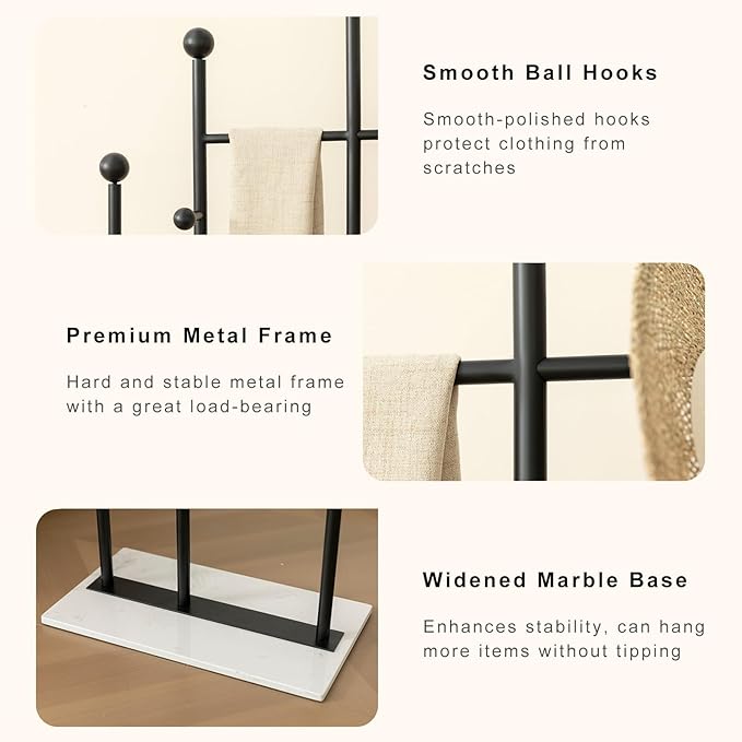 Standing Coat Rack with Marble Base Heavy Duty Clothes Hanger Rack Metal Coat Tree for Clothes Hats Scarfs Purses 19.69 x 11.02 x 68.9 Inches (Black)