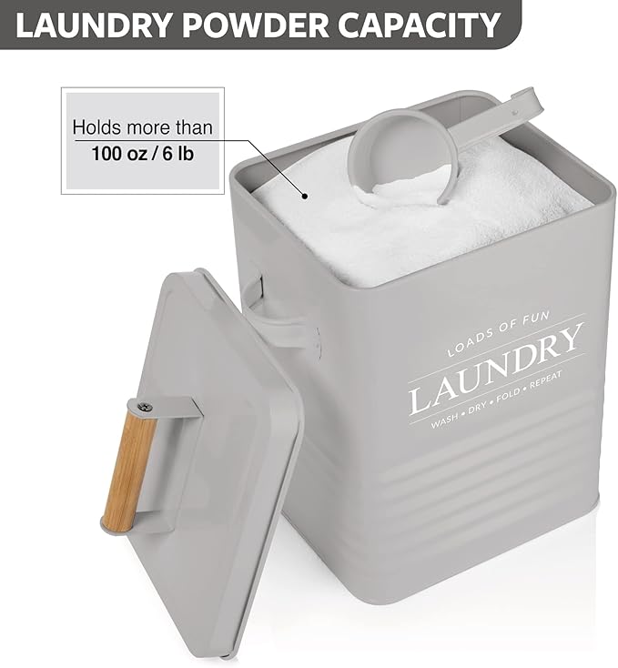 Calindiana Modern Farmhouse Metal Laundry Soap Dispenser Container Holder with Scoop for Laundry Room Decor and Space Saving Laundry Room Organization and Storage, Laundry Powder Container, Grey