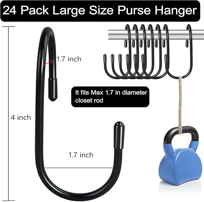 24 Pack Purse Hanger for Closet, Twist Design Hooks, Vinyl Coated Organizer, Large S Hooks for Hanging Bags, Purses, Handbags, Belts, Scarves, Hats, Black