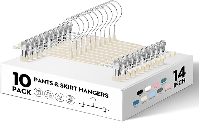 Pants Hangers with Clips 10PACK Adjustable Skirt Hangers for Women Metal Non-Slip Trousers Hanger Heavy Duty Space Saving Clothes Hanger for Shorts,Jeans,12Inch Lvory