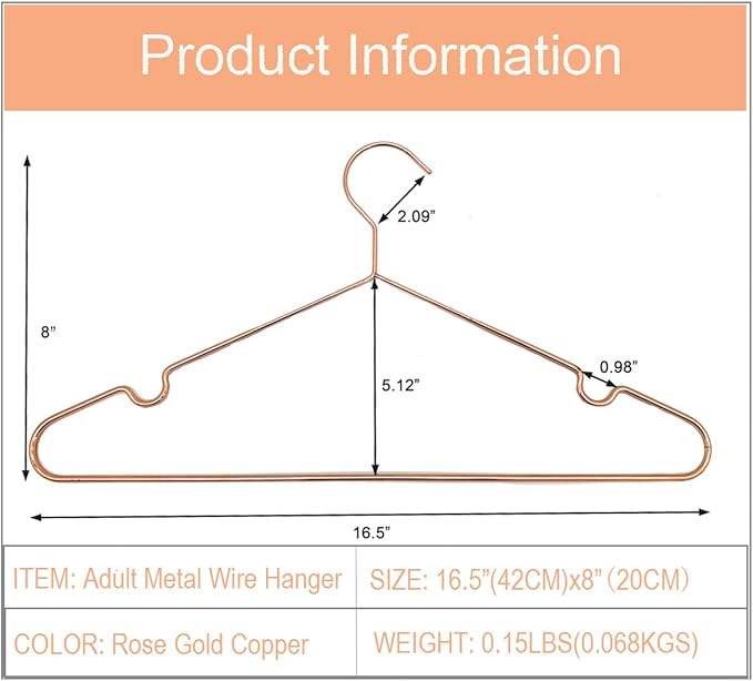 16.5" Rose Gold Copper Clothes Hangers - 60 Pack,Heavy Duty Strong Metal Hanger for Storage Display Sling Organization of Coat Shirts Dresses Jacket Elegant Standard Suit Accessory