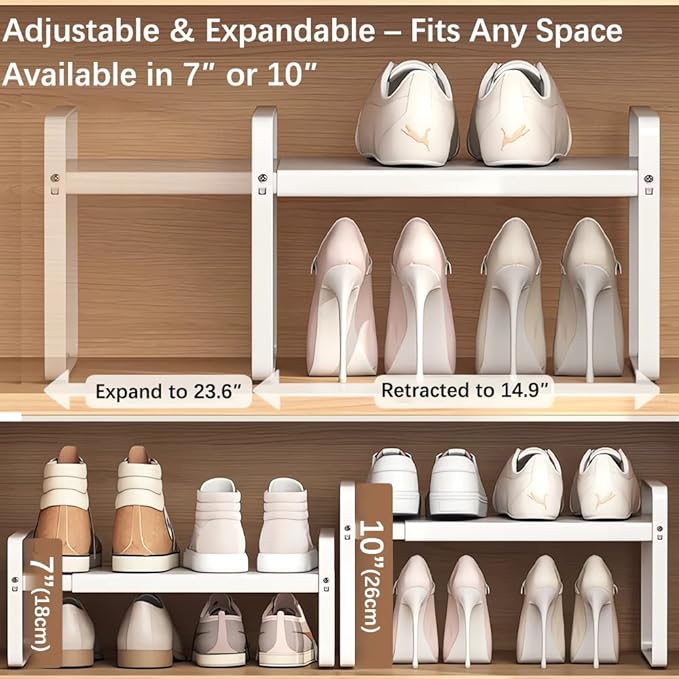 Expandable 1-Tier Metal Shoe Rack (H:7"), Adjustable Width 14.9"–23.6", Heavy-Duty Free-Standing Shoe Shelf for Closet, Entryway & Small Spaces – Single Pack