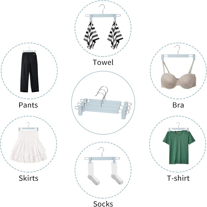 20 Pack Skirt Hangers with Adjustable Anti-Rust Clips for Pants, Skirts, Clothes Hangers, Light Blue