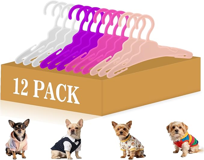 12Pcs Dog Clothes Hangers for Small Dogs & Cats, 7 Inch Non-Slip Durable Plastic Pet Hangers for Chihuahua/Maltese/Yorkie Outfits, Assorted Colors