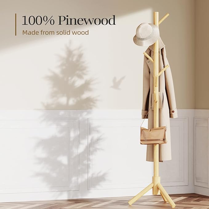 Pipishell Coat Rack Sturdy Wooden Coat Rack Stand, Adjustable Coat Tree, Free Standing Tree Hanger with 4 Sections & 8 Hooks, for Home/Bedroom/Office/Hallway/Entryway