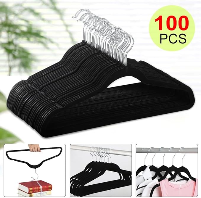 Yaheetech 100 Pack Non Slip Velvet Hangers Heavy Duty Flocked Coat Suit Hangers Space Saving Clothes Racks with 360° Swivel Hook, Black