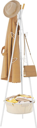 Tajsoon Coat Rack Stand, Coat Tree with Storage Basket and 9 Hooks, Coat Rack Freestanding for Bedroom, Hallway, Office, Coat Hangers Stand for Clothes, Scarves, Hats, Bags, White