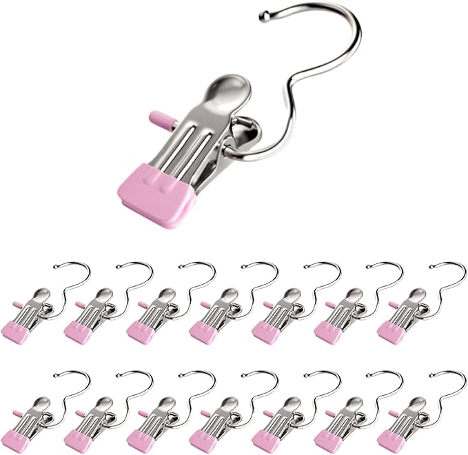 Clothes Pins, 15 Pack Hanger Hooks, Stainless Steel Laundry Clips, Travel Hangers, Towel Clips, Legging Organizer for Closet Hanging, Space Saving Hanger Clips for Pants, Jeans, Hats, Boot(15P+Pink)