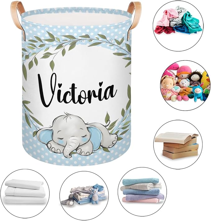 Personalized Laundry Basket, Custom Gift Laundry Hamper, Collapsible Nursery Waterproof Laundry Baskets, Dirty Clothes Toy Hamper with Handles Greenery Wreath Blue Elephant