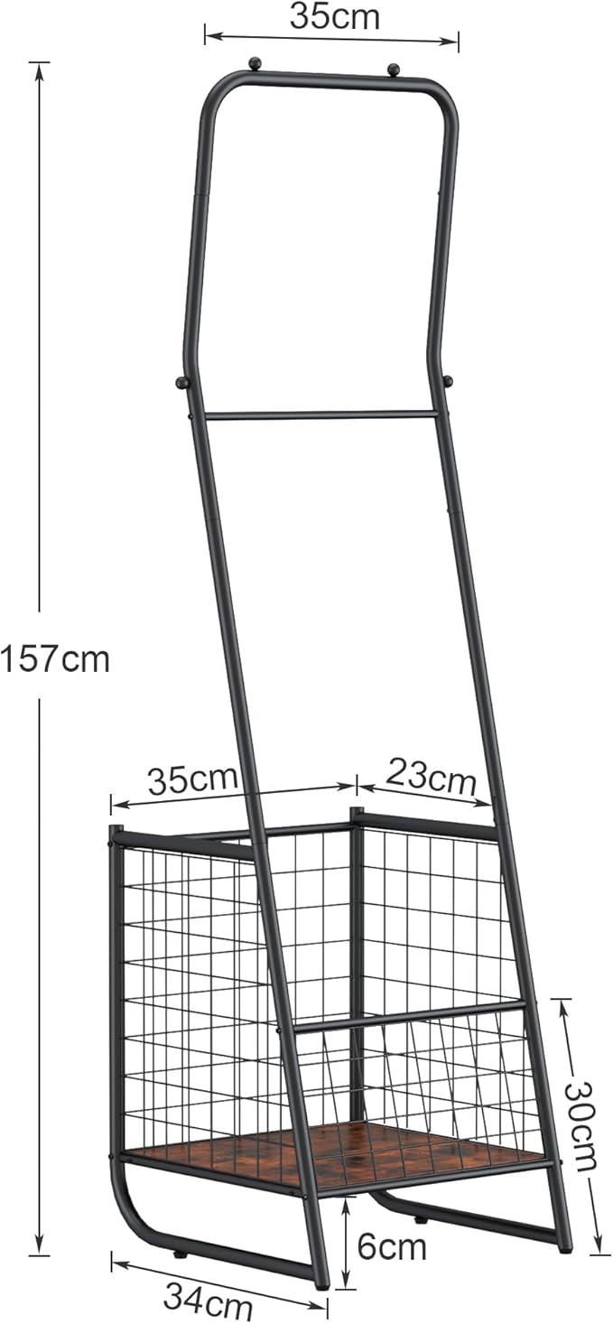 VECELO Metal Coat Rack Stand with Anti-Drop Design, Space Saving Hall Trees with Steel Basket,Small Garment Organizer with 2 Handy Cloth Rails and Slipper Space, Rectangle, Rustic Brown