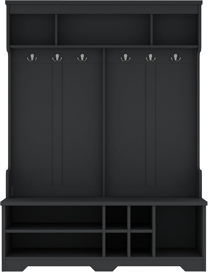 60 inch Hall Tree with Bench and Shoe Storage, Shelf, Wood Hall Tree with 6 Hooks/Mudroom Bench with Storage and Hooks, Hall Trees for Entryway, Hallway, Living Room, Black