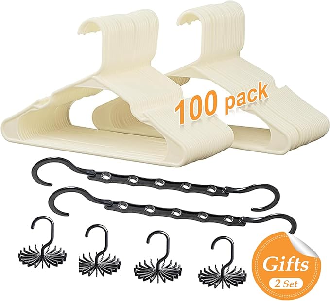VECELO 100 Pack Plastic Hangers-Clothes Hangers Set with Shoulder Grooves for Closet Space Saving-Heavy Duty Coat Hanger,Beige
