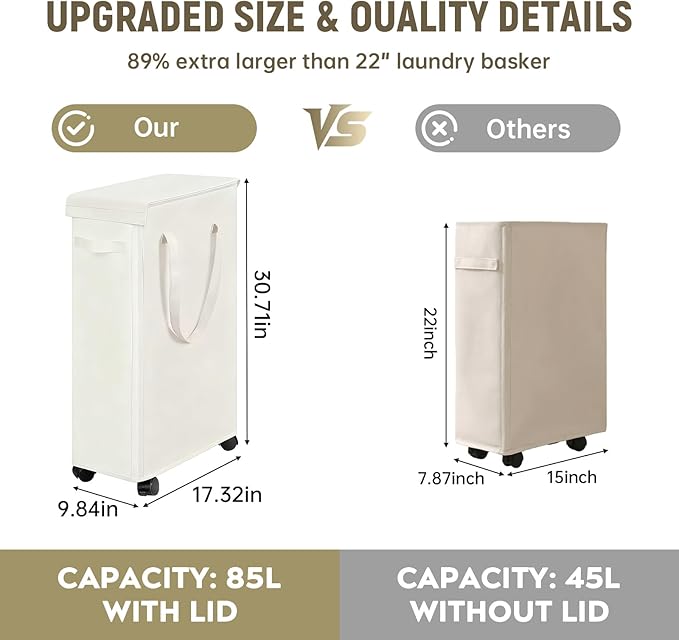 85L Laundry Hamper with Wheels, Lid, Handles & Collapsible, Slim Tall Rolling Laundry Basket for Small Spaces, Foldable Dirty Clothes Organizer for Bedroom, Dorm, Laundry Room, Bathroom,Beige