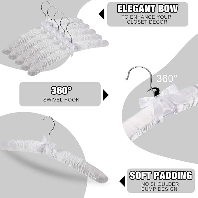 Jetec 48 Pieces Satin Padded Hangers with 360° Swiveling Hook Sponge Shoulder Pads Hanger for Coat, Sweaters, Blouse, Wedding Dress, Women Cloths (White)