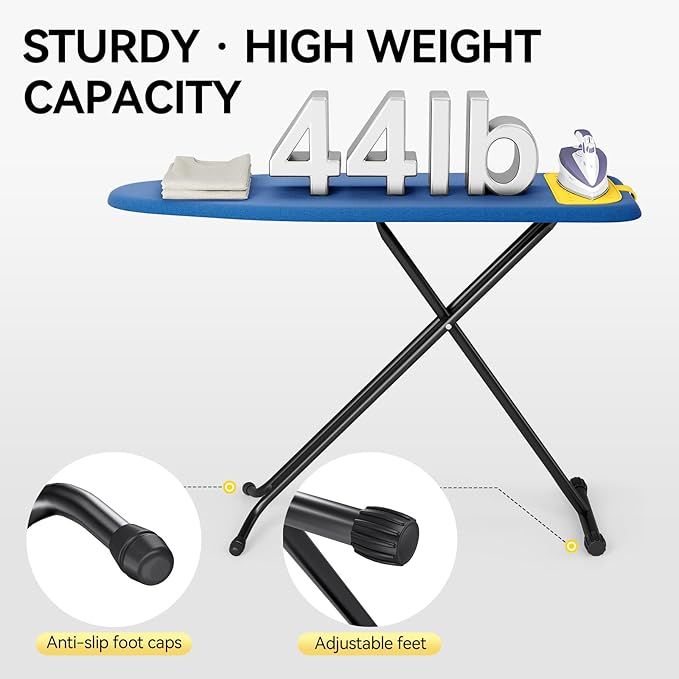 APEXCHASER Ironing Board Full Size, Iron Board with Silicon Rest, Foldable Ironing Boards Standard Size, Heavy Duty Iron Stand Boads, Ironing Table with 7 Height Adjustable Anti-Slip Feet, 13x43 Blue