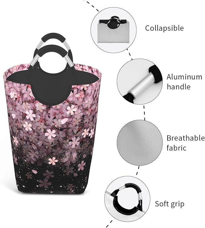 Cherry Blossoms Laundry Basket Pink Flowers Foldable Laundry Hamper Cute Floral Collapsible Laundry Baskets with Handles Clothes Hamper Laundry Tote Bag for Dorm Family Storage Bin 50L
