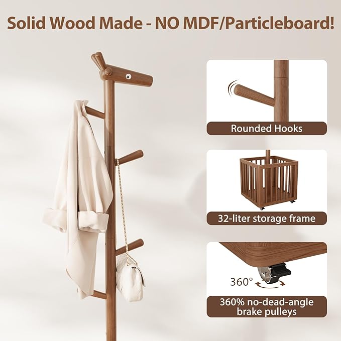 AQIMUELE Kids Coat Rack, Solid Wood Coat Rack with 6 Hook for Bedrooms, Kids Clothing Rack, Walnut