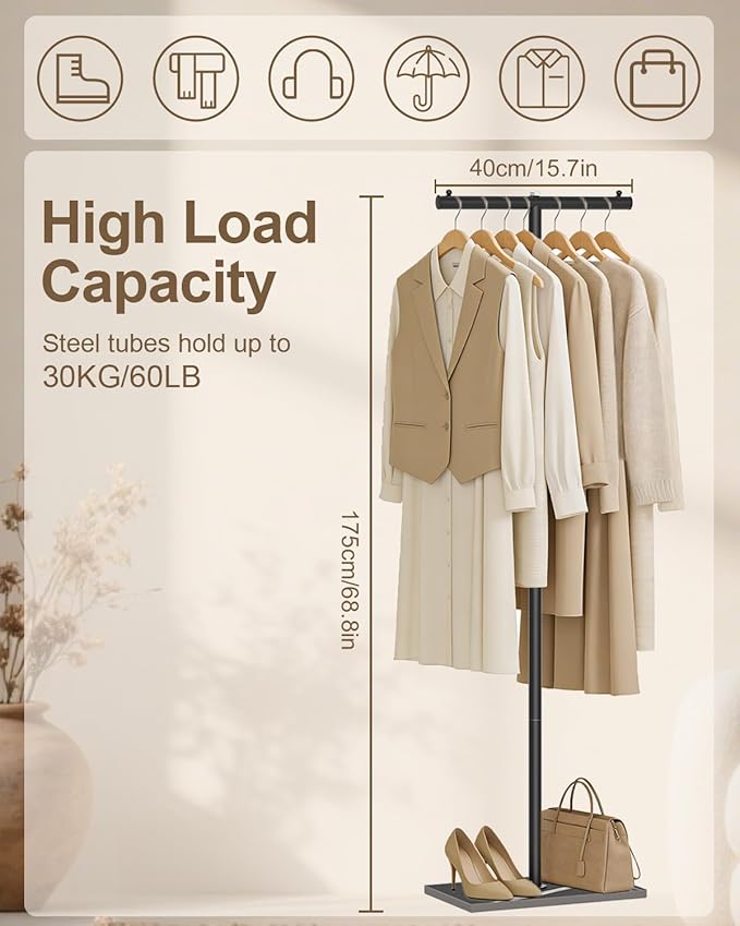 T-shaped Coat Rack Freestanding, Modern Clothes Rack with Rock Slab Base, Heavy-duty Metal Coat Tree for Boutiques, Hallway, Entryway, 68.9 Inches High, Black, GYJ001B